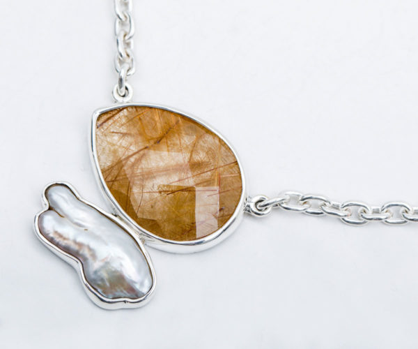 Semi Precious Stone Chain Link Necklace in Sterling Silver 925 Agot