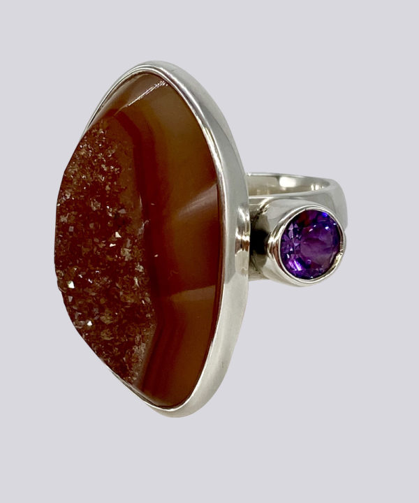 * Sterling Silver 925 *Gemstones Brazilian Drusy and faceted round Amethyst on one side * Height: 1.00 " * Length: 1.20 " * Size: 6