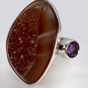 * Sterling Silver 925 *Gemstones Brazilian Drusy and faceted round Amethyst on one side * Height: 1.00 " * Length: 1.20 " * Size: 6