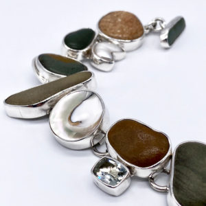 Costa Rican River Rock & Quartz Link Bracelet in Sterling Silver 925