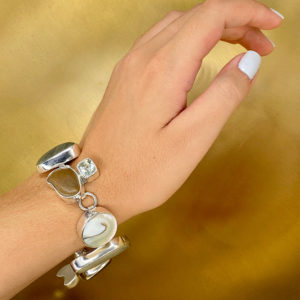 Costa Rican River Rock & Quartz Link Bracelet in Sterling Silver 925