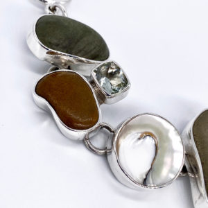Costa Rican River Rock & Quartz Link Bracelet in Sterling Silver 925