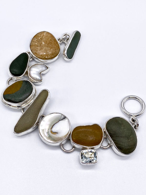 Costa Rican River Rock & Quartz Link Bracelet in Sterling Silver 925