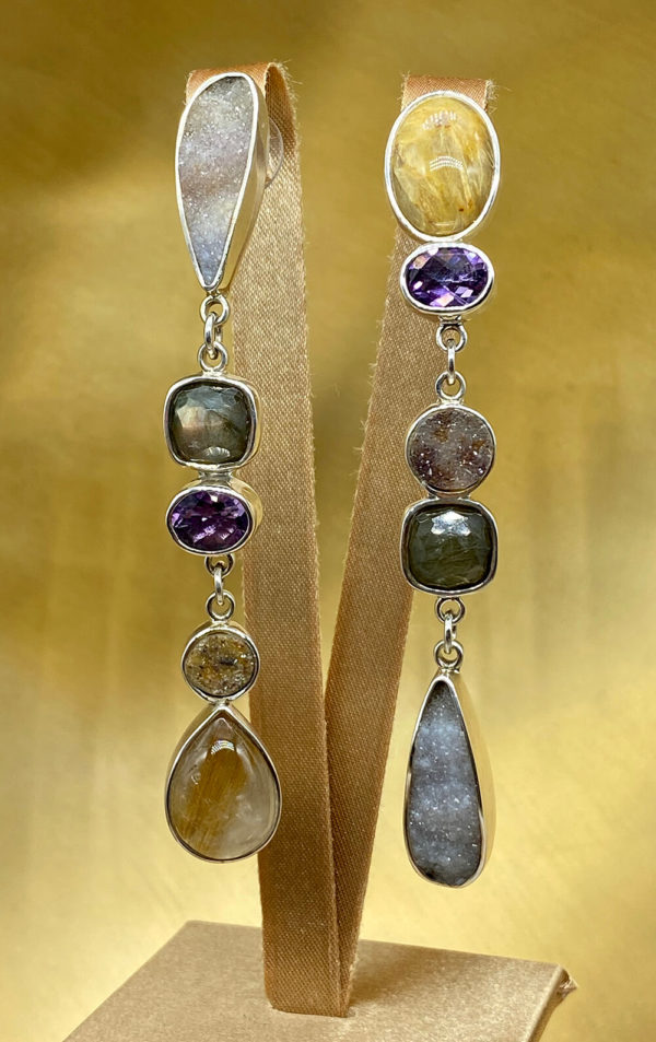 Multi Semi Precious Stone Earrings in Sterling Silver 925