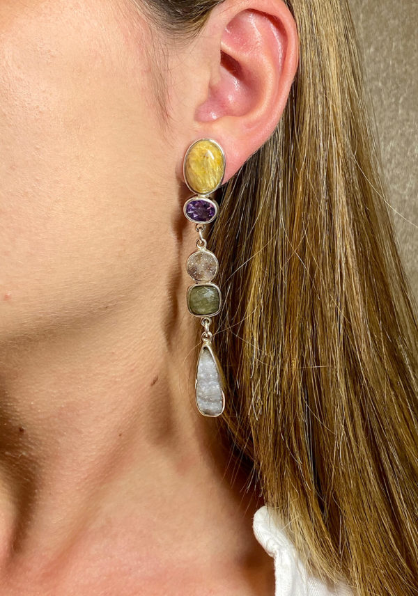 Multi Semi Precious Stone Earrings in Sterling Silver 925